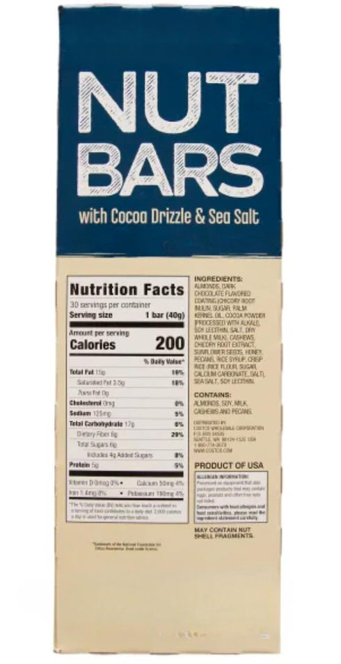 generic 30 Count, 5g 42.3 oz Nut Bars with Cocoa Drizzle & Sea Salt - Almonds, Cashews, Pecans, Protein, Gluten-Free