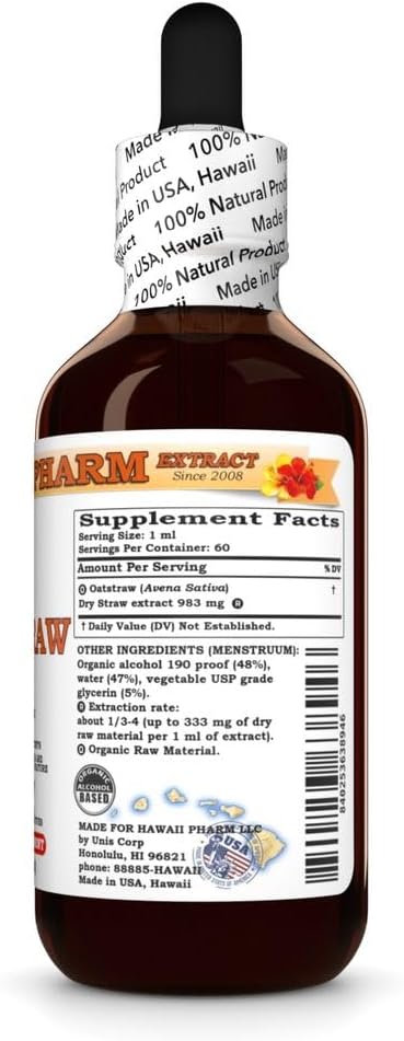 Hawaii Pharm 2 fl.oz Oat Straw Alcohol-Free Liquid Extract, Professional Grade, Small Batch Crafted Oats Straw (Avena