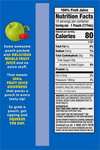 100% 10 6 oz Capri Sun Juice Apple All-Natural Juice from Concentrate with added ingredients, ct Box, fl Pouches