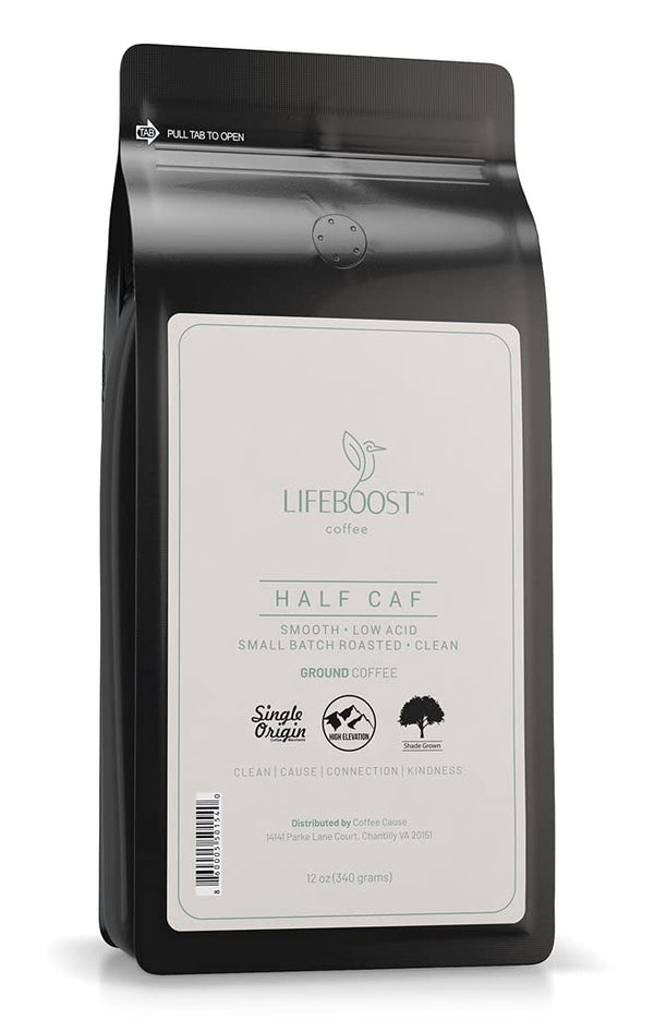 Lifeboost Coffee Half Caff Ground Coffee - Low Acid Single Origin USDA