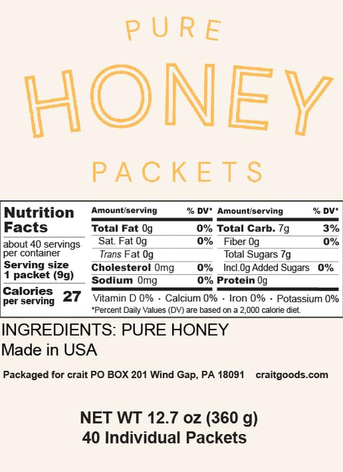 Packets 9g 40 Count Packs Honey Single Serve Each Pure Honey for Coffee Tea Breakfast and On the Go Use