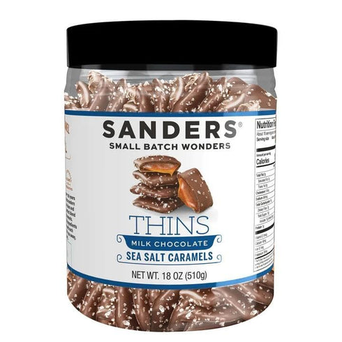 18 oz (Pack 2) Sanders Thins Sea Salt Caramels Variety, Milk & Dark Chocolate, Tubs