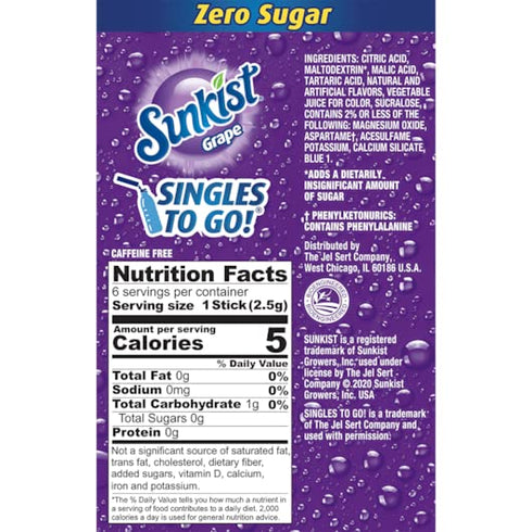 6 6 Packets -36 SINGLES TO GO! Sunkist Drink Mix Grape, Boxes with Each Total Servings