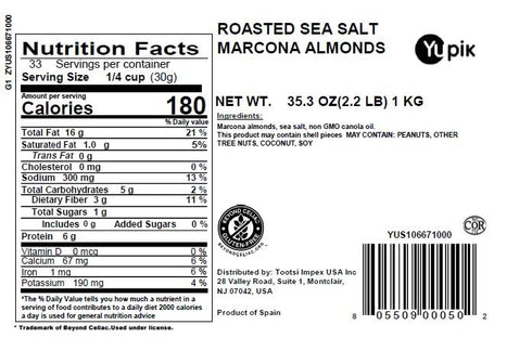 2.2 lb (35.2 oz), Yupik Roasted Sea Salted Marcona Almonds, Gluten-Free, Vegan, Kosher, Whole Nuts, Salted, Skinless