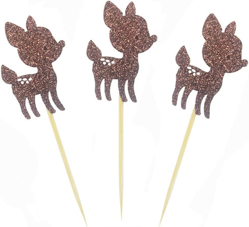 Morndew 24 PCS Brown Glitter Baby Deer Fawn Cupcake Toppers for Baby Shower, Woodland Party Decorations