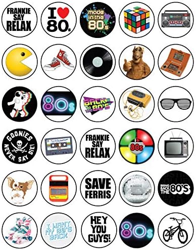 30 Edible Cupcake Toppers – 80's Retro Party Themed Collection of Uncut Edible Cake Decorations on Wafer Sheet