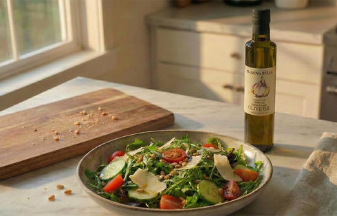 16.9 oz (500ml) Blazing Bella Garlic Infused Extra Virgin Olive Oil - Rich Fresh Garlic Flavor, Cold Pressed California