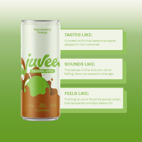 12 oz (12-Pack) 128mg Juvee Rejuvenating Energy Drink Sugar Free Caramel Apple Flavor, Cans Natural Caffeine, Zero