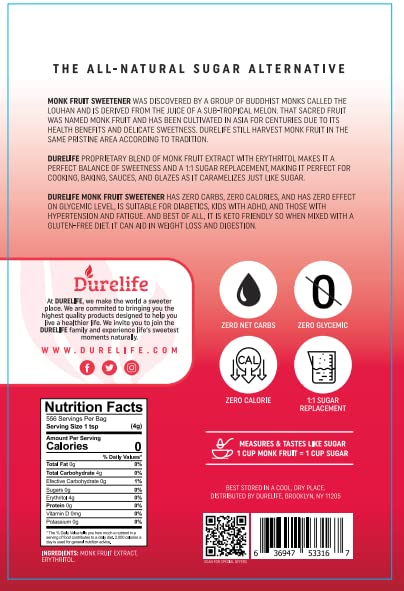 1:1 1 lb pack 3 (Packaging Durelife Monk Fruit Sweetener, Classic - White Sugar Substitute, Keto Diet Friendly, Sugar
