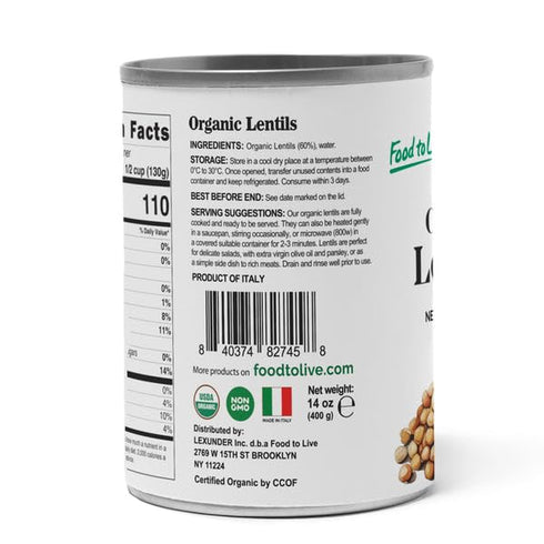14 oz (Pack 1) Food to Live Organic Canned Lentils, of Unsalted, Non-GMO, Vegan. Ready to Eat. Perfect for Salads