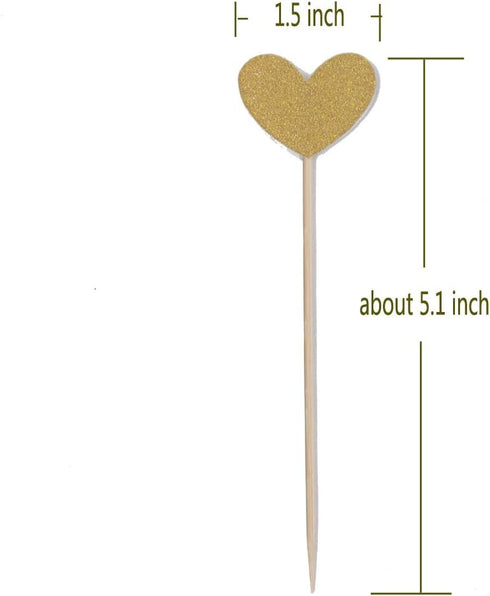 WARMBUY 50 Pack Gold Glitter Cupcake Toppers with Sticks for Baby Bridal Shower Birthday Party (Heart)