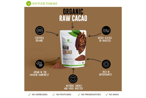 100% 40 200g Antler Farms - Pure Organic Raw Cacao Powder, servings, - Vegan, Gluten Free, Cultivated Naturally