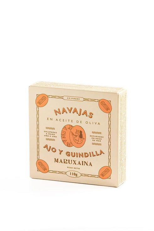 Pack 3 110g (3.88oz) Maruxaina. Razor Clams sampler. Three recipes. of tins. each.