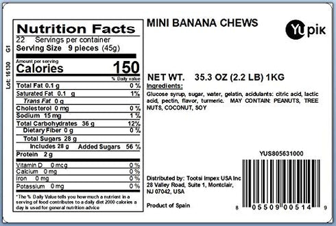 Gummy 2.2 lb (35.2 oz), Gummies, Yupik Mini Banana Chews, Gluten-Free, Sugary Coating, Banana Flavor, Soft & Chewy Fun