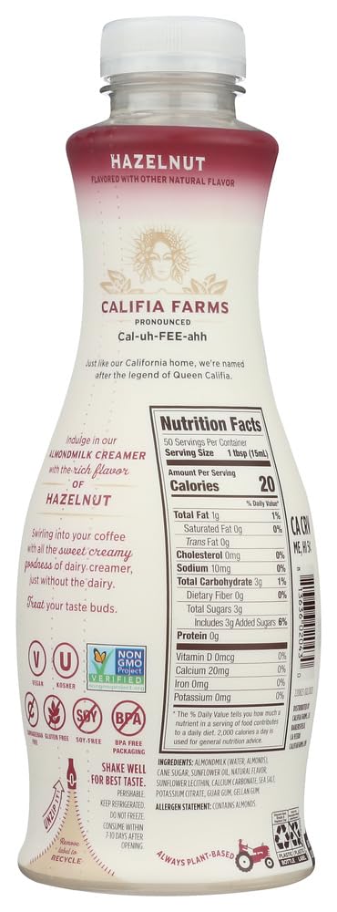 25.4 6 Califia Farms Hazelnut Almondmilk Creamer, Fluid Ounce -- per case.