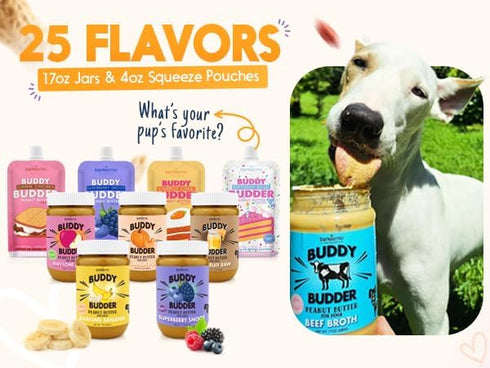 9 Pack 4oz BUDDY BUDDER Dog Peanut Butter, Mixed Flavors, Pouches Dog Peanut Butter, Made in USA