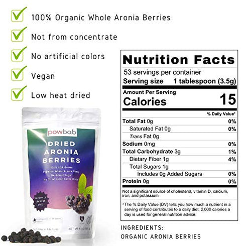 powbab Dried Aronia Berries, 100% USA Grown Organic Chokeberry, No Added Sugar, Whole Black Chokeberry (6.5 oz)