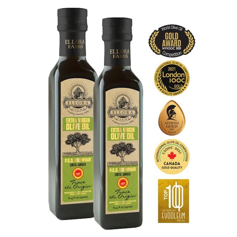 250ml 2 200 ml, Pack 3 Ellora Farms Single Estate PDO Extra Virgin Olive Oil X bottles and Aries Glass and Stainless