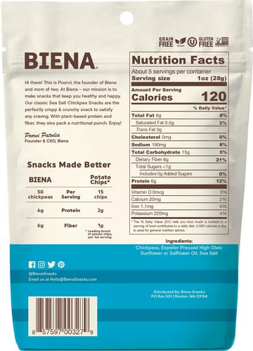 5 oz. (Pack 2) BIENA Chickpea Snacks, Sea Salt | Gluten Free | Vegan | Dairy Free | Plant Based Protein (Single Bag)