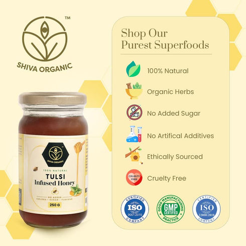 100% 8.81 (250g)) Shiva Organic Tulsi (Holy Basil) Infused Honey - Natural and Pure Organic Honey - GMP Certified