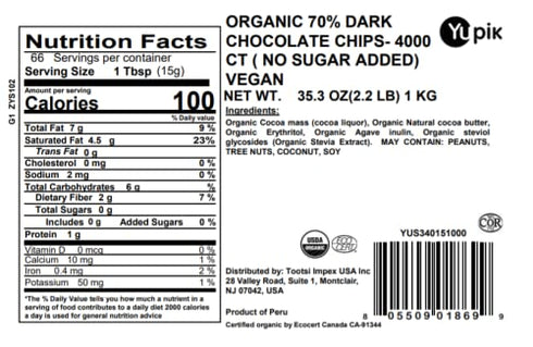 70% 2.2 lb (35.2 oz), Yupik Organic Dark Chocolate Chips, Cacao, No Sugar Added, Gluten-Free, GMO-Free, Kosher, Vegan