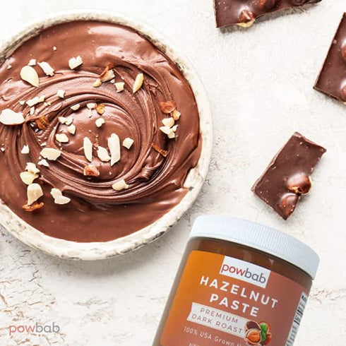 100% (8 oz). powbab Hazelnut Paste - USA Grown Hazelnuts Premium Dark Roast Nutty Flavor. Sugar Free Hazelnut Spread