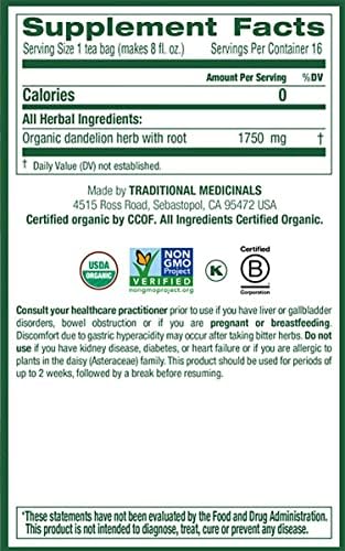 Traditional Medicinals Organic Dandelion Leaf & Root Herbal Tea, Supports Kidney Function & Healthy Digestion, Pack of 2