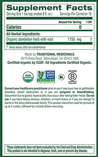 (Pack 3) 48 Traditional Medicinals Organic Dandelion Leaf & Root Herbal Tea, Supports Kidney Function & Healthy