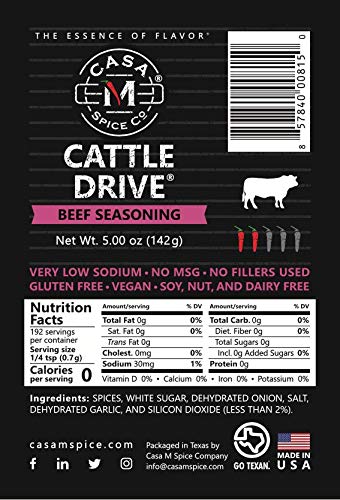 Casa M Spice Co Cattle Drive Beef Seasoning, Original, Stainless Shaker, Very Low Sodium, Gluten Free, Keto-Friendly
