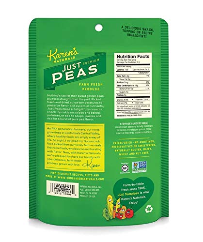 3.5 oz, Karens Naturals Freeze Dried Peas, No Sugar Added, Healthy Vegetable Snack, Non-GMO, Vegan, Gluten Free