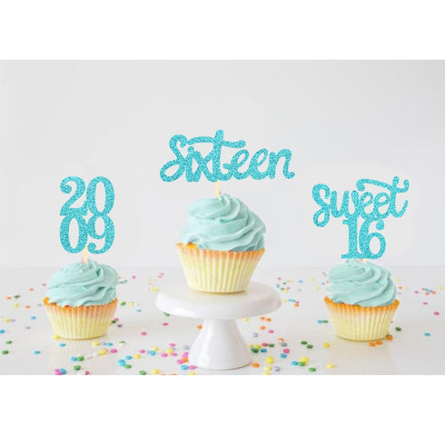 24 Pcs Sweet 16 Blue Glitter Birthday Cupcake Toppers for 16th Birthday Party Decorations