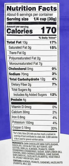 Generic 6oz Fruit and Nut Trail Mix: Dark Chocolate Chunks, Almonds, Peanuts, Dried Cranberries, Cashews, Hazelnuts