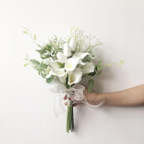 HXSCOO Bridesmaid Bouquet Calla Lilies White Tulip Wedding Flowers Bunch Real Touch Bouquet