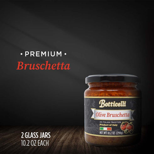10.2oz (Pack 2) Olive Bruschetta by Botticelli, Jars of - Premium Italian Appetizer - Gluten-Free - Green & Black