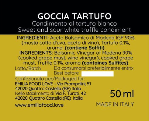 100% 3.4 OZ 100 ML GOCCIA TARTUFO Balsamic White Truffle Dressing - Vinegar Made in Italy - EMILIA FOOD LOVE Selected