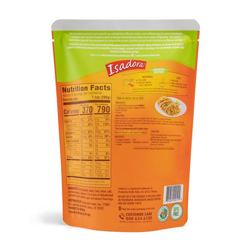 15 oz Isadora Fully Cooked Pork Chile Verde Pouch, Ready-to-Eat Authentic Mexican Meal, Pork in Green Salsa, Medium