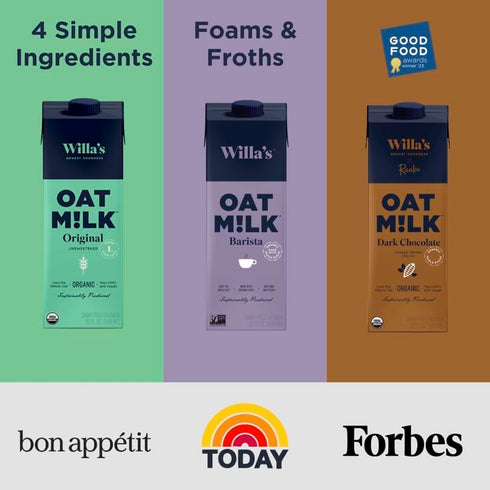 50% 32 oz, Pack 1 Willa's Organic Barista Oat Milk Less Sugar, Non-GMO, Shelf Stable, Non-Dairy, Whole Grain Oats, No