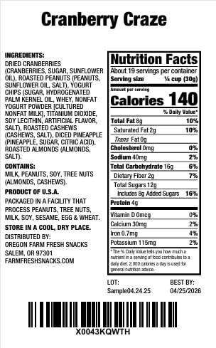(20oz.) Oregon Farm Fresh Snacks Cranberry Craze Nuts Mix - Sweet and Salty Snacks with Dried Pineapple, Cranberries