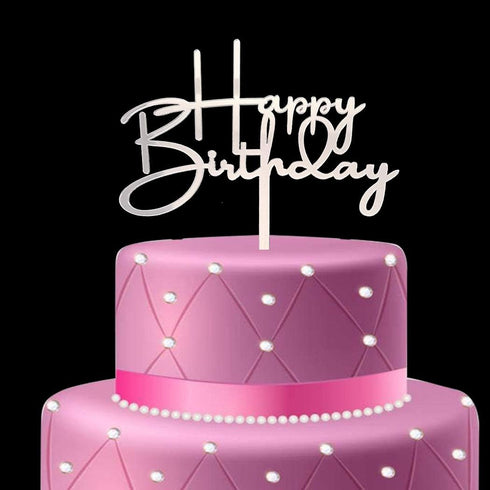 Happy Birthday Cake Topper for Party Decorations - Mirror Silver Acrylic