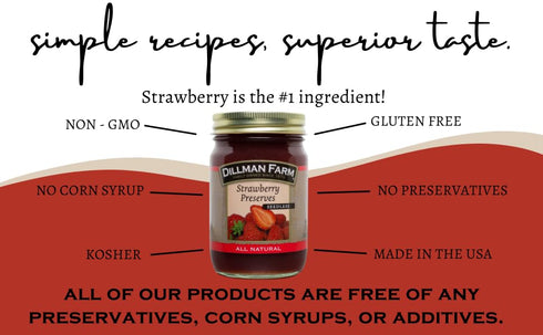 16oz (Pack 6) Dillman Farm All Natural Seedless Strawberry Preserves - Gluten-Free, Non-GMO, Vegan, Kosher