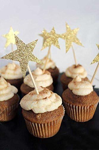 WARMBUY Gold Glitter Cupcake Cake Toppers, Double Sided Stars, 50 Pack