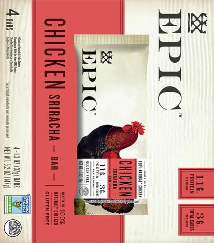 4 5.2 oz EPIC Chicken Sriracha Bar, Keto and Paleo Friendly, Protein Bars, Ct