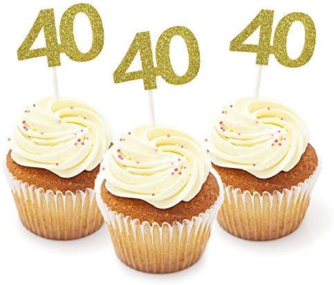HOKPA 40th Cupcake Toppers - Gold Glitter Number 40 for Birthday Celebrating, Anniversary Party Decor (24PCS)