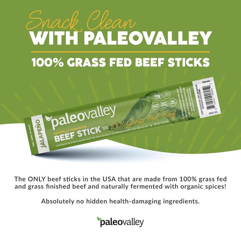 100% Paleovalley Grass Fed Jalapeno Beef Sticks - Delicious Gluten Free Beef Snack - High Protein Keto Friendly