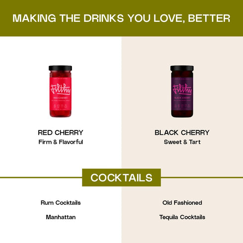 11 Oz 45 Filthy Cocktail Amarena Black Cherries, Premium Cocktail Garnish, All Natural Wild Italian Amarena Black
