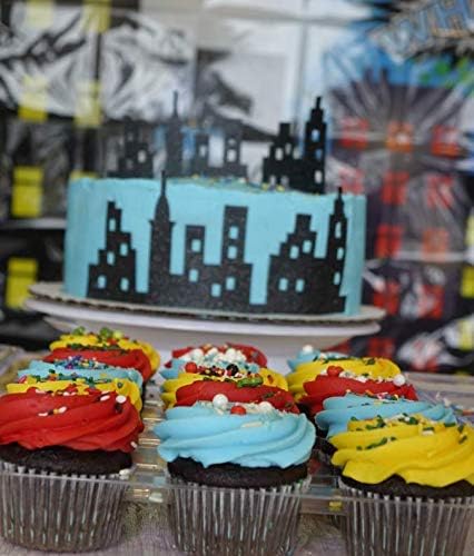 Scenic Theme Stick On/Lay On Cake Border Decoration Toppers - Super Hero Lighted City Backdrop