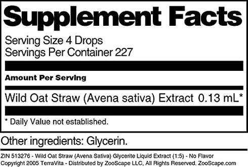 Terravita (1:5) (1 oz, 513276) Wild Oat Straw (Avena Sativa) Glycerite Liquid Extract - No Flavor ZIN: