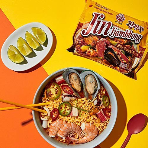 4.58 oz (Pack 8) OTTOGI JIN Jjambbong Korean Instant Ramen Spicy Seafood Noodles, Red Broth