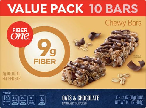 14.1 oz, 10 (Pack 2) Fiber One Chewy Bars, Oats & Chocolate, Fiber Snacks, ct