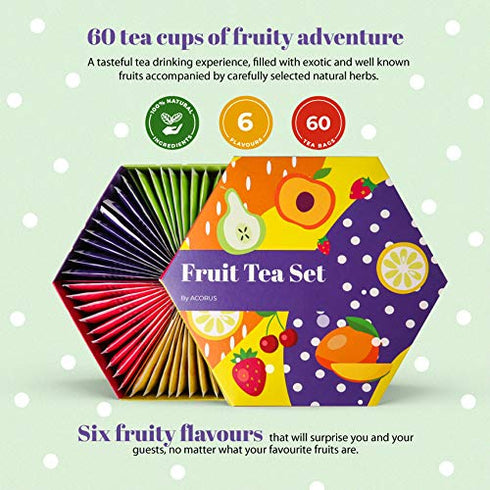 ACORUS Fruit Luxury Tea Set, Assorted Fruit and Herbal Teas Box, Large Variety Pack, 60 Bags